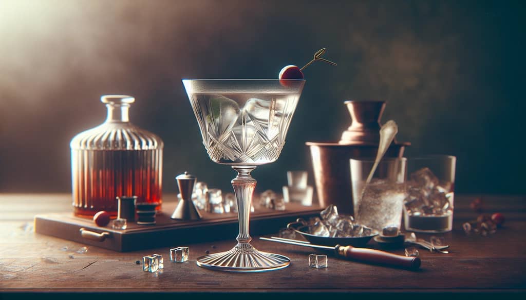 A vintage-style photograph showing a classic cocktail glass filled with the Between the Sheets cocktail, symbolizing its intriguing history and evolution.