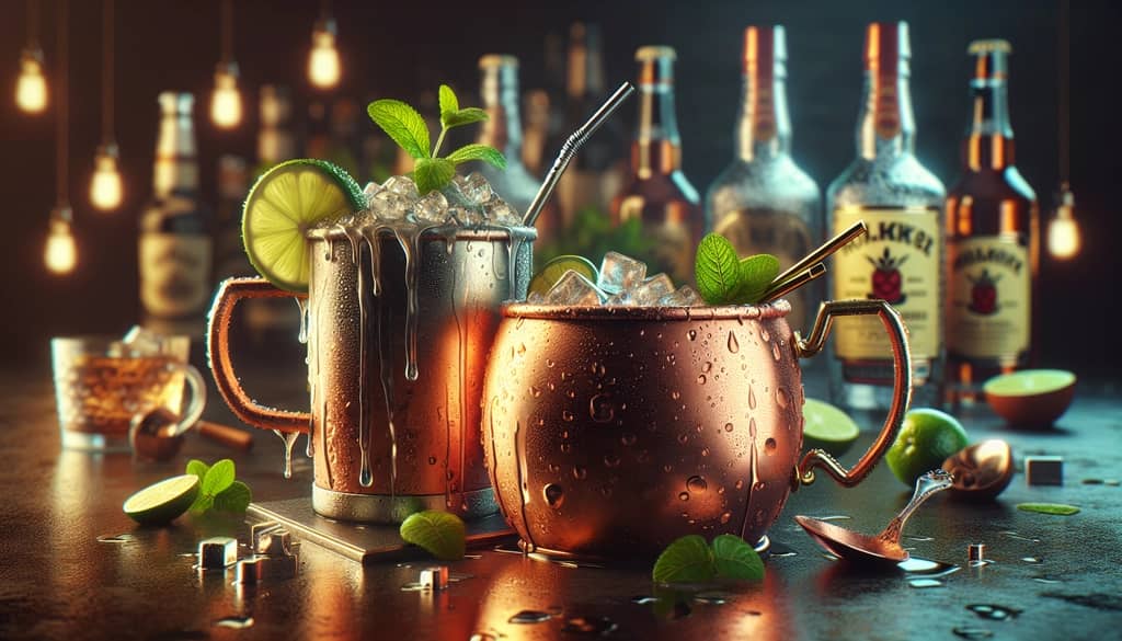 A visual comparison of a classic Moscow Mule and a rich Irish Mule in stylish copper mugs