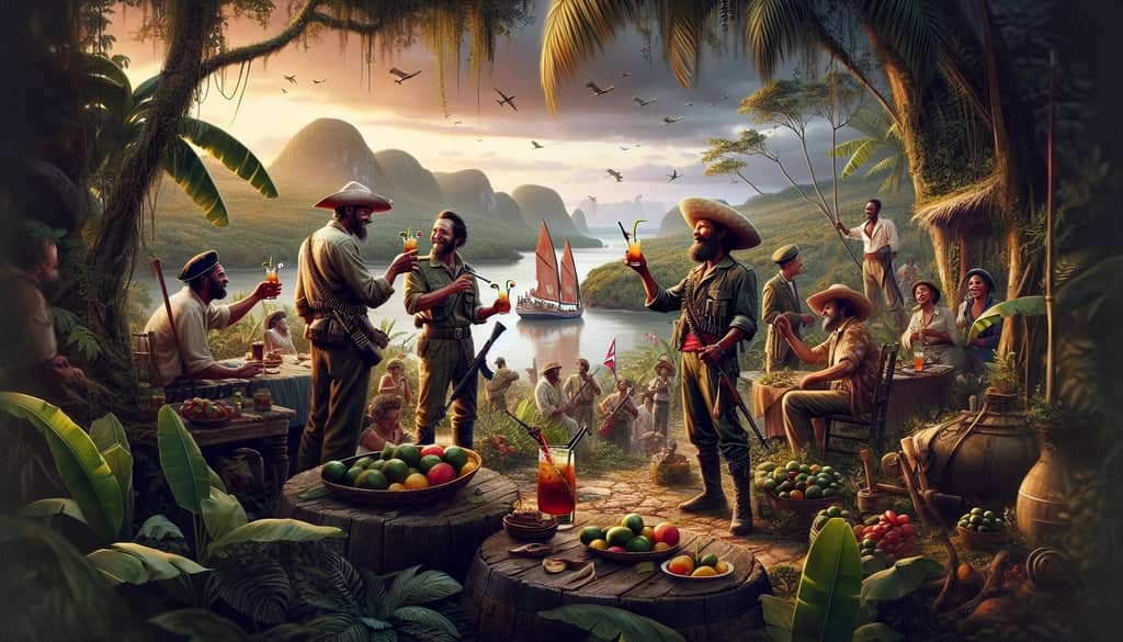 A visual depiction of Cuban guerilla fighters known as mambises enjoying the rustic Canchanchara amidst the lush Cuban landscape