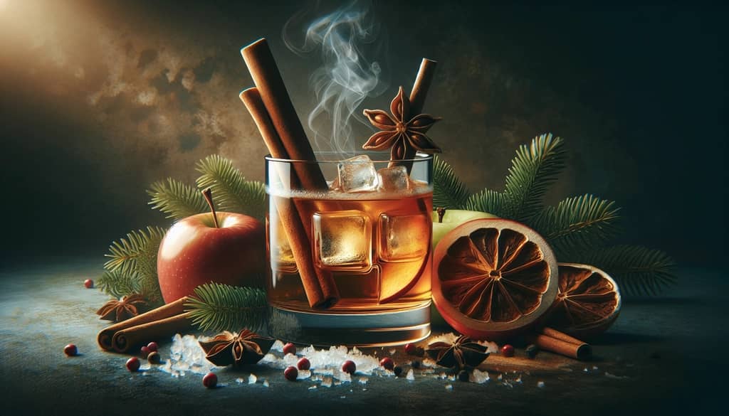 A Warm Spiced Apple Old Fashioned adorned with a cinnamon stick, exuding warmth and seasonal spices.