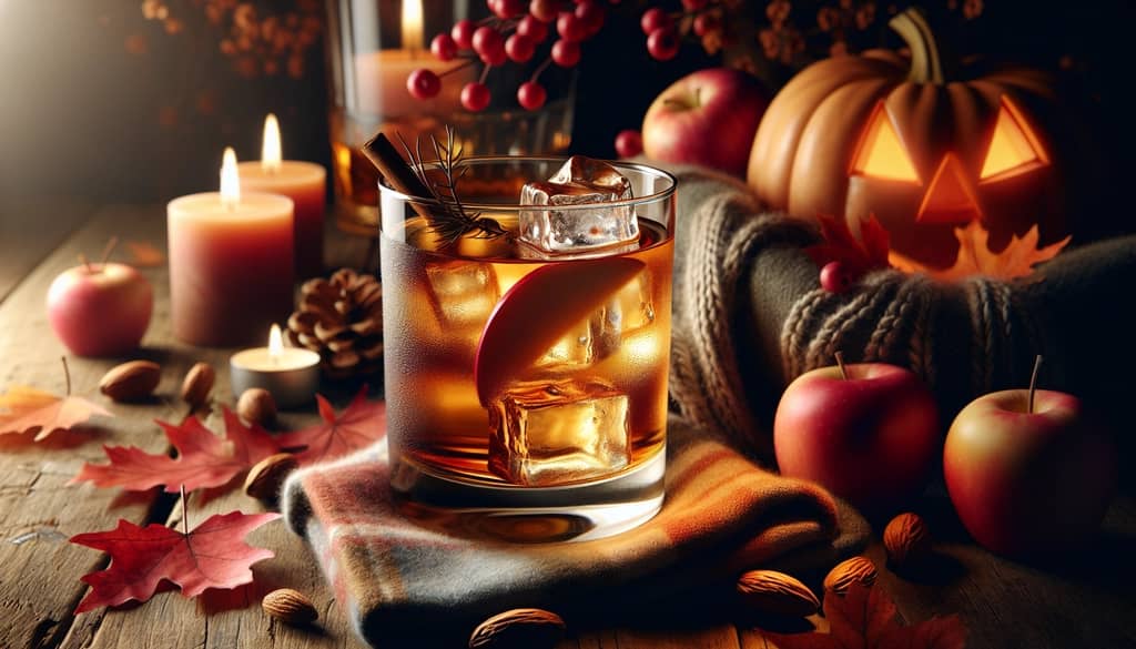 A warming glass of Bourbon Apple Cider Old Fashioned, embodying the spirit of autumn in a cozy setting