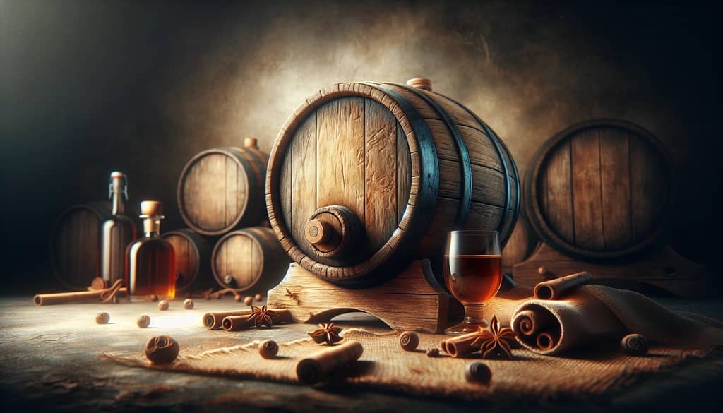 A wooden barrel used for aging a Vieux Carré, bringing additional depth and flavor to the drink.