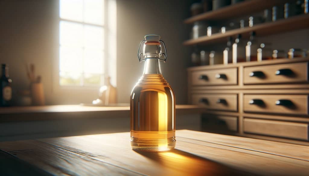 나무 저장실 선반 위의 아가베 시럽병