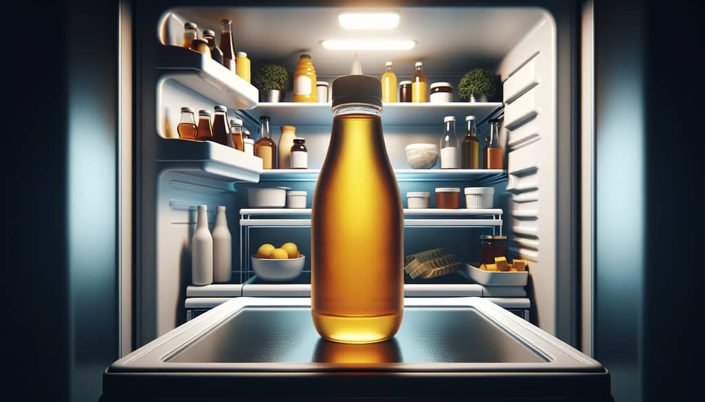 Agave syrup in a squeeze bottle in refrigerator door