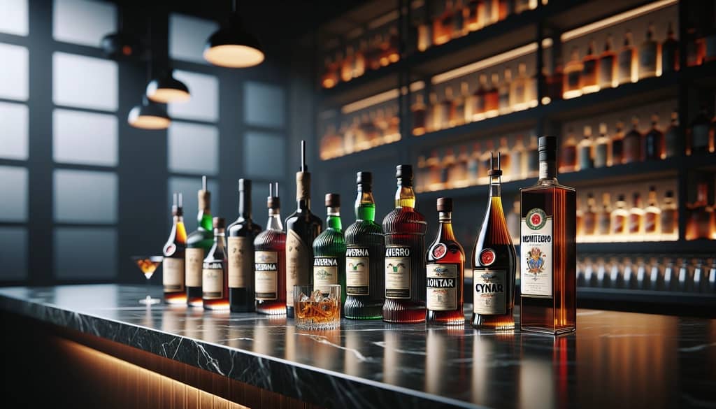 Amaro bottles and whiskey bottle selection for Black Manhattan