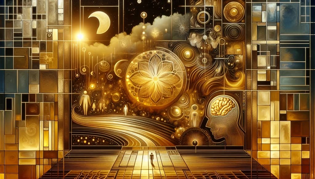 An abstract representation linking psychology and dream analysis with golden imagery.