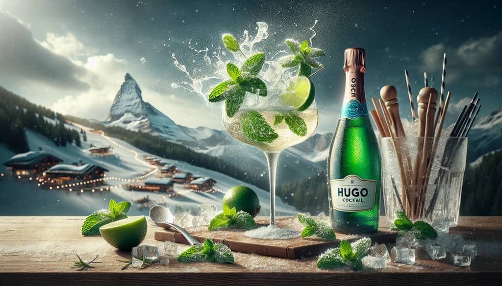 An alpine-inspired Hugo cocktail with mint, lime, and sparkling Prosecco, embodying sophistication in every sip.