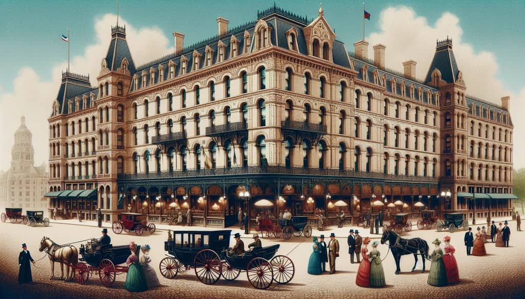 An archival image depicting the Bellevue-Stratford Hotel, the birthplace of the Clover Club cocktail, illustrating its historical origins.