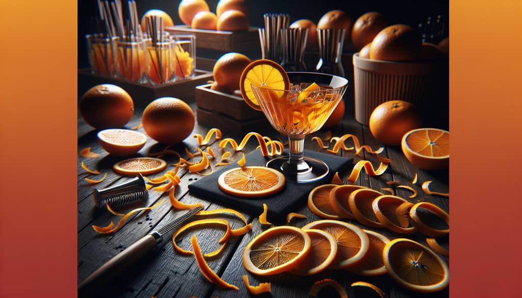 An arrangement of orange zest and slices next to a cocktail glass, underlining the role of oranges in enhancing flavor and aroma.
