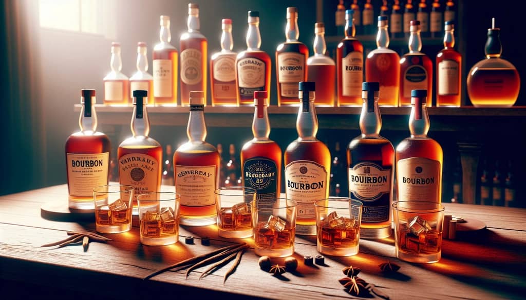 An arrangement of Sazerac bourbons highlighting diverse flavor profiles such as vanilla, oak, and spice