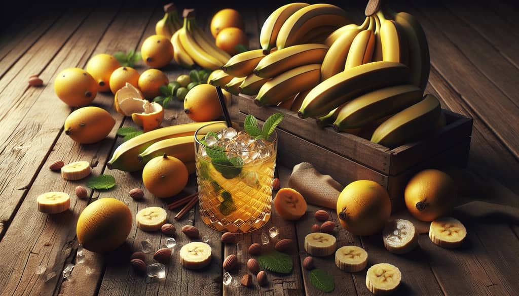 An array of bananas, highlighting their rich vitamin and mineral content, ready for cocktail preparation