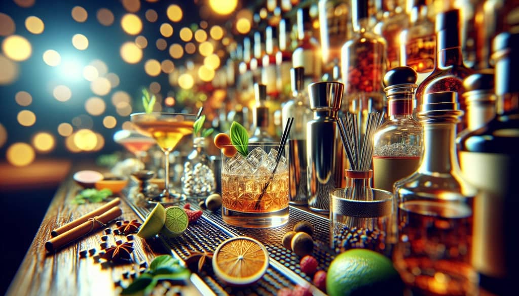 An array of cocktail ingredients alongside a glass being used to build a simple drink