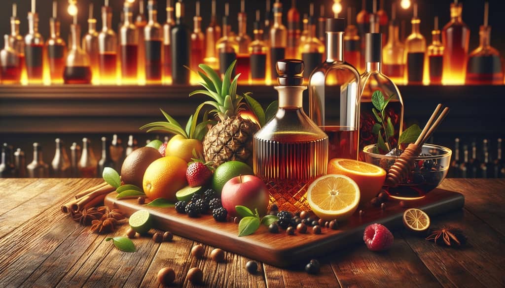 An array of cocktail ingredients with brandy as the centerpiece, highlighting its role in enhancing drink flavors.