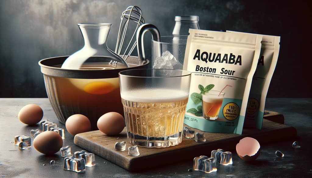 An array of egg-free alternatives for Boston Sour, featuring aquafaba, gelatin packets, and a Boston Sour cocktail without froth in a rocks glass