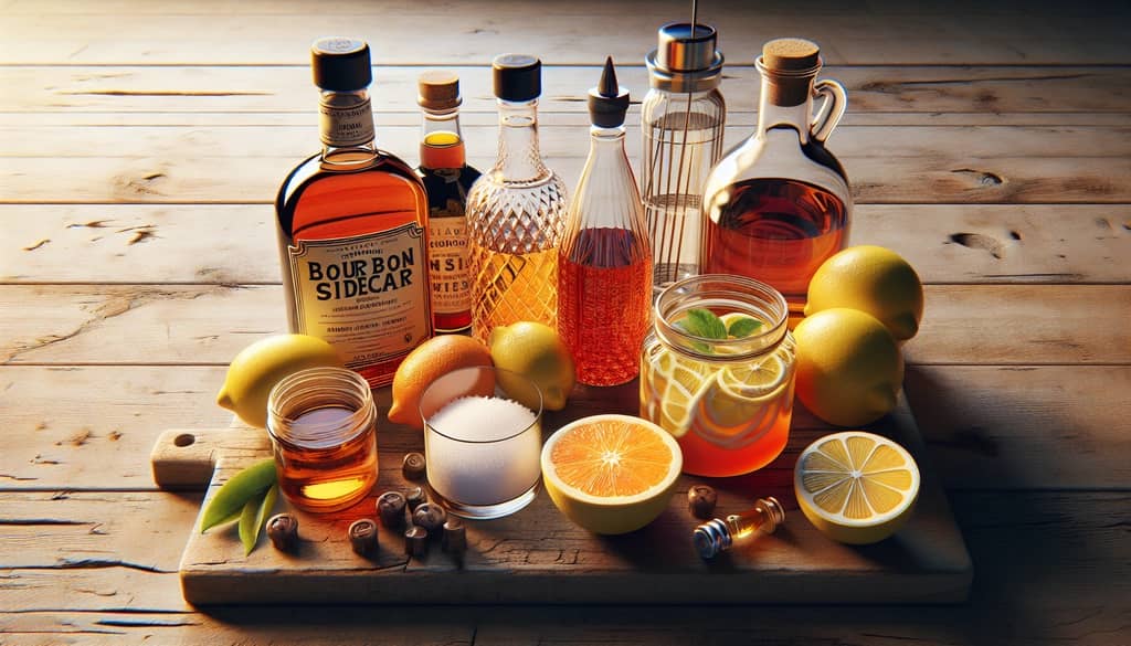 An array of essential ingredients for making a Bourbon Sidecar, including bourbon, orange liqueur, lemon juice, and simple syrup