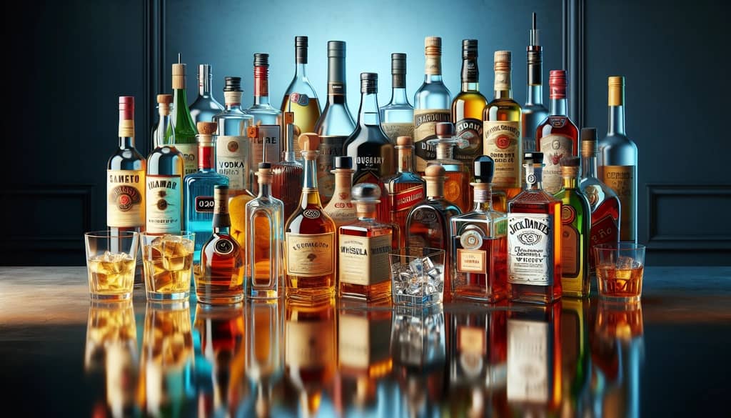 An array of essential spirits including vodka, gin, rum, tequila, whiskey, and vermouth, perfectly ready to equip any home bar.