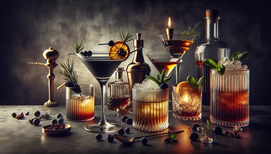 An array of garnished Black Manhattan variations, demonstrating diverse takes on the classic cocktail