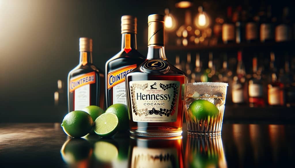 An array of ingredients including Hennessy Cognac, lime, and Cointreau for a Hennessy Margarita.
