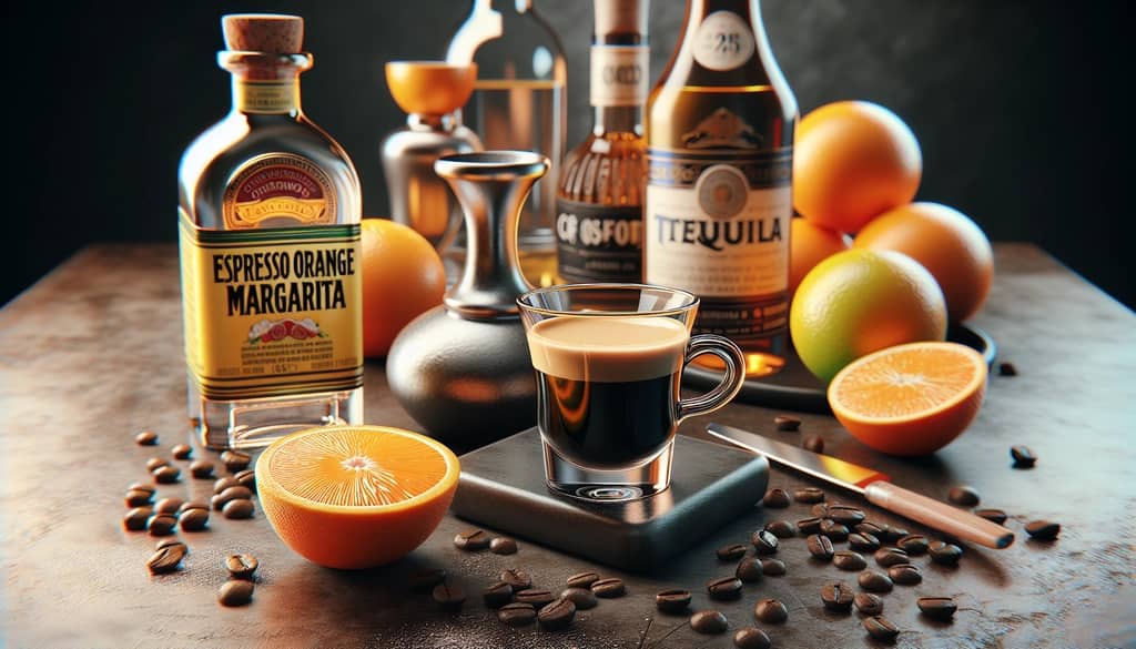 An array of ingredients including tequila, freshly brewed espresso, and orange liqueur for crafting an Espresso Orange Margarita.