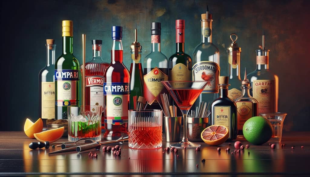 An array of ingredients like Campari, bitters, and vermouth, each contributing to the distinct character of bitter cocktails.