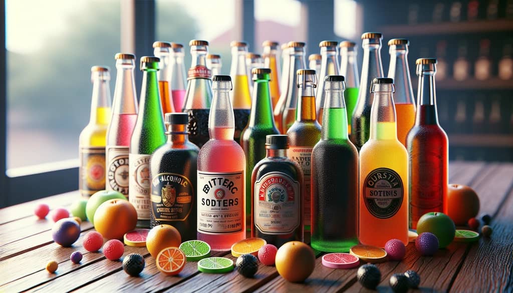 An array of non-alcoholic bitters and soda bottles showcasing diverse flavors and colors
