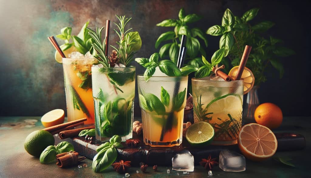 An array of popular herbal cocktails like Basil Mojito and Rosemary-Ginger Cooler illustrating their appealing, earthy characteristics.