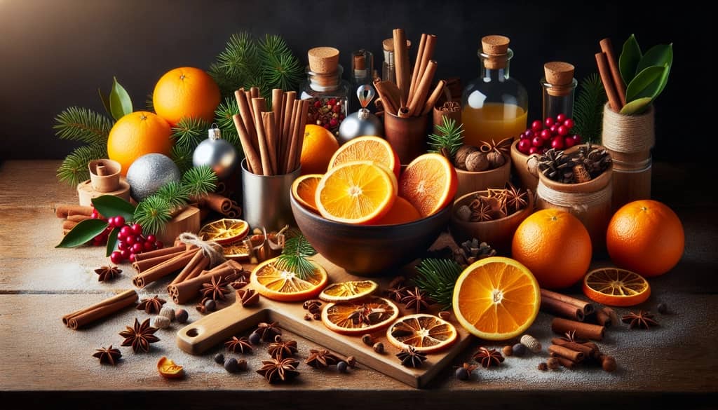An array of seasonal ingredients like oranges and spices ready to be used for holiday cocktails