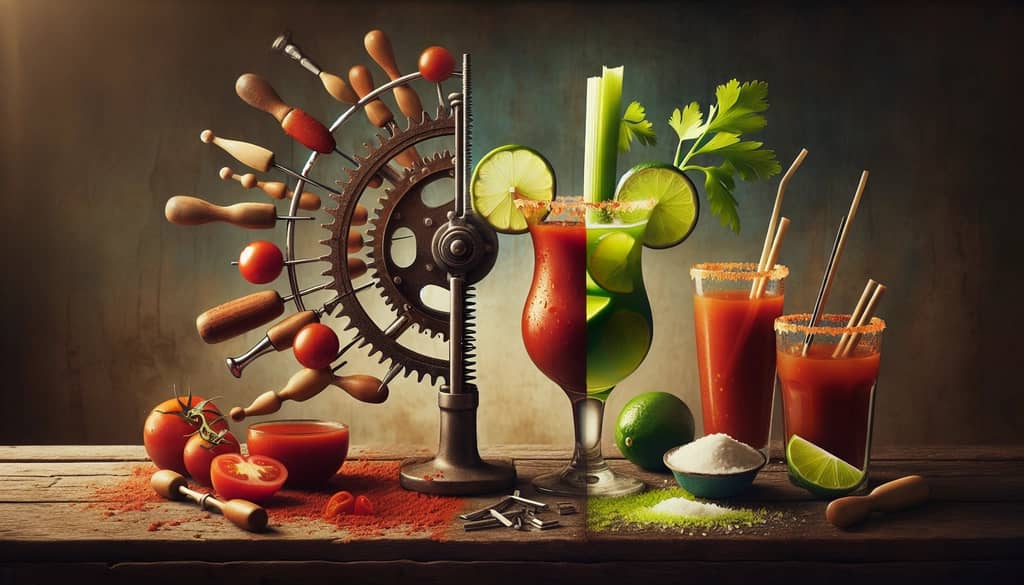 An artistic depiction comparing the classic Bloody Mary to the tequila-infused Bloody Maria, highlighting cultural fusion.