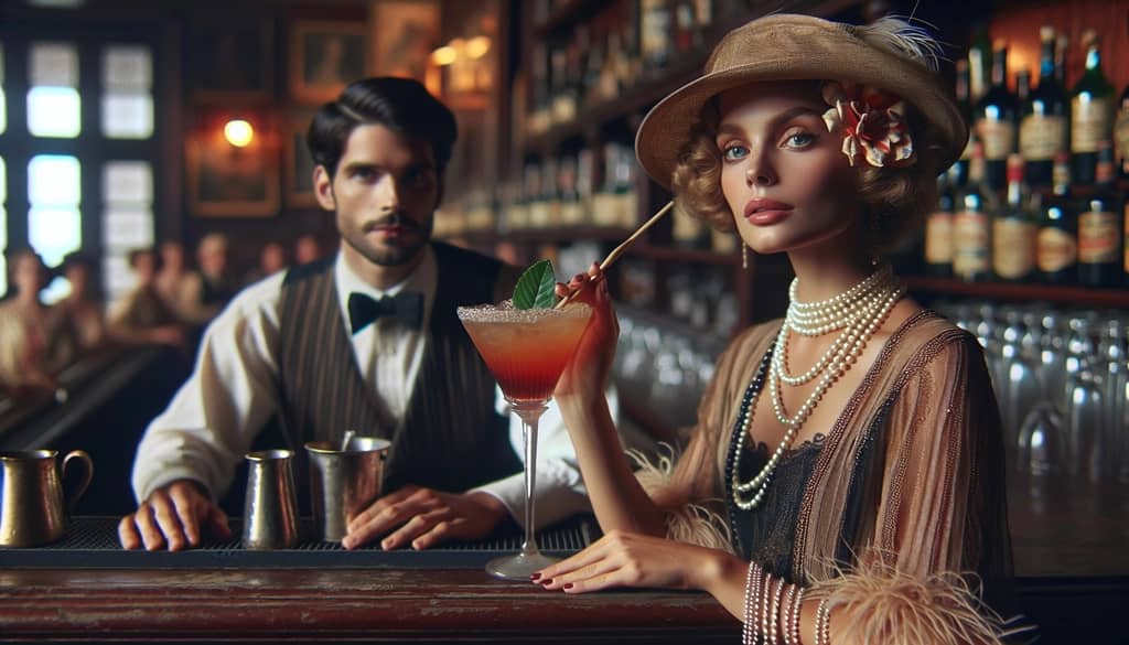 An artistic rendering of Mary Pickford and bartender Eddie Woelke in Havana, capturing the cocktail's historical inception.