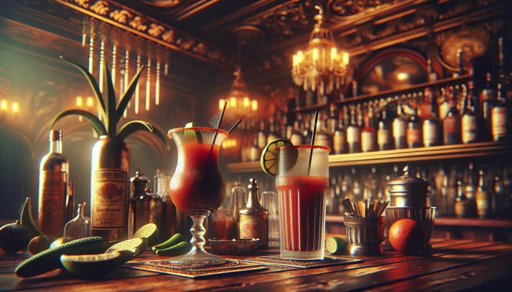 An artistic rendition of the historical origins of Bloody Mary and Bloody Maria cocktails, capturing their Parisian and Mexican influences.