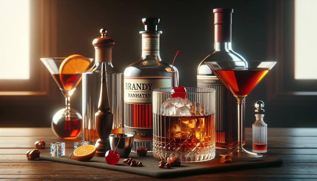 An assortment of essential ingredients for a Brandy Manhattan, including brandy, sweet vermouth, and bitters, displayed with a maraschino cherry for garnish.