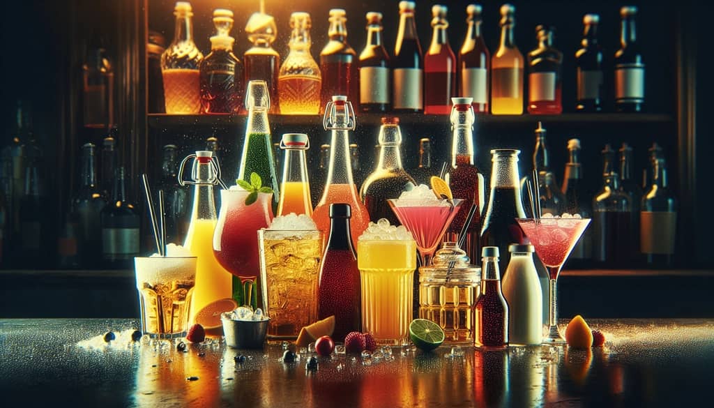 An assortment of juices, sodas, syrups, and dairy products used as mixers in cocktails
