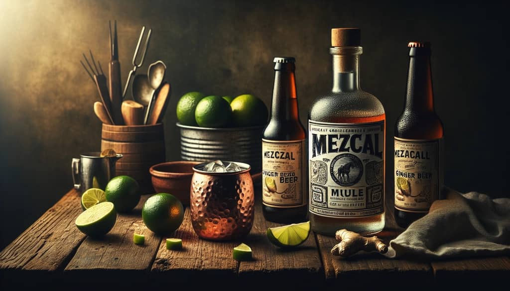An assortment of Mezcal Mule ingredients including mezcal, ginger beer, and fresh limes