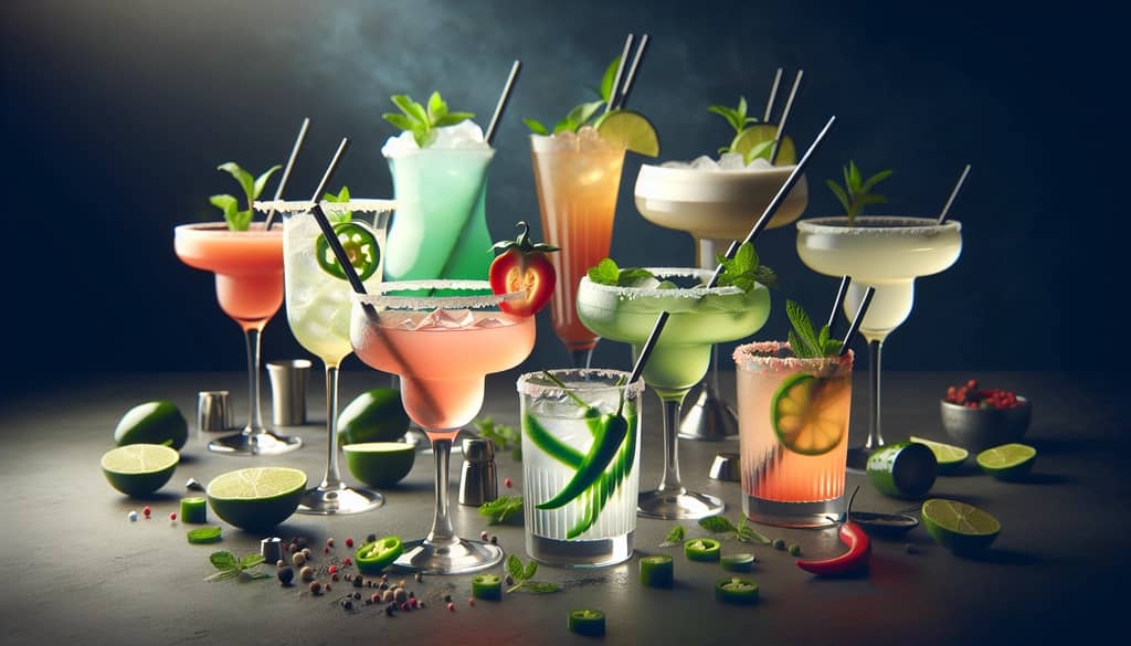 An assortment of modern variations of Tommy's Margarita featuring jalapeño slices and mint leaves, showcasing the drink's versatility in cocktail culture.