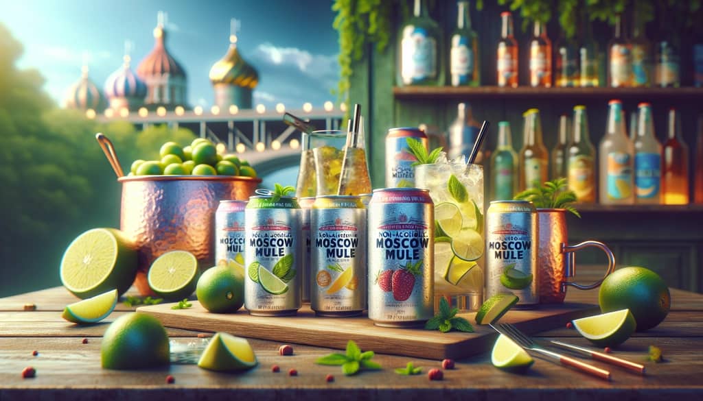 An assortment of non-alcoholic Moscow Mule cans and mixes showcasing convenience and refreshment