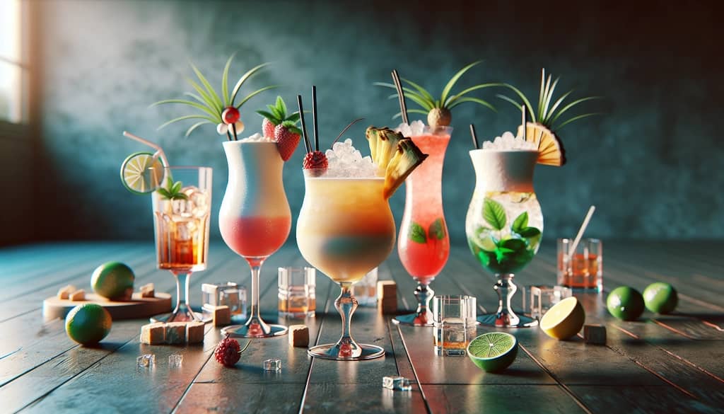 An assortment of popular Caribbean cocktails including a piña colada and mojito, each with distinctive garnishes and presentation