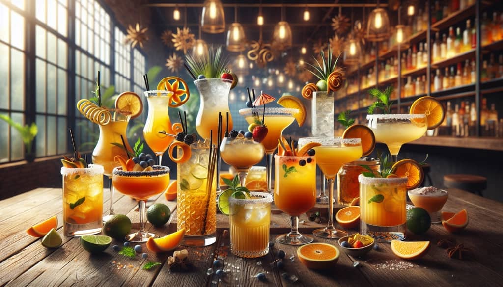 An assortment of tequila and orange juice cocktails with creative twists and garnishes for added flavor and presentation