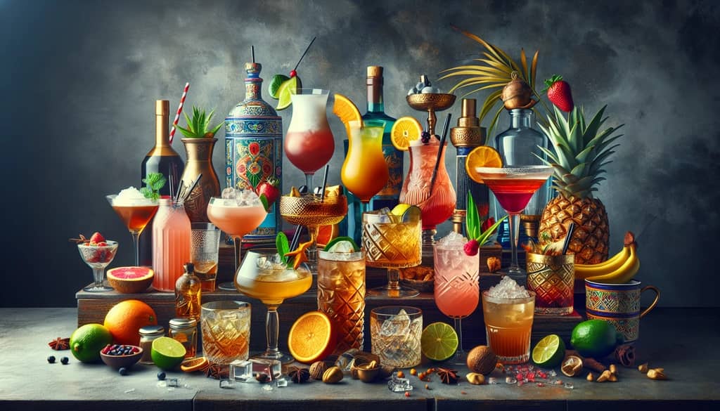 An assortment of traditional regional cocktails from Europe, the Caribbean, and Asia, showcasing their unique styles and ingredients.