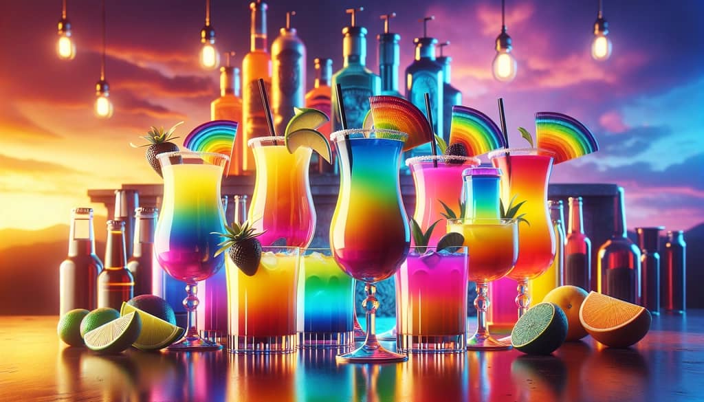 An assortment of vibrant Virgin Tequila Sunrise mocktails showcasing a rainbow of colors.