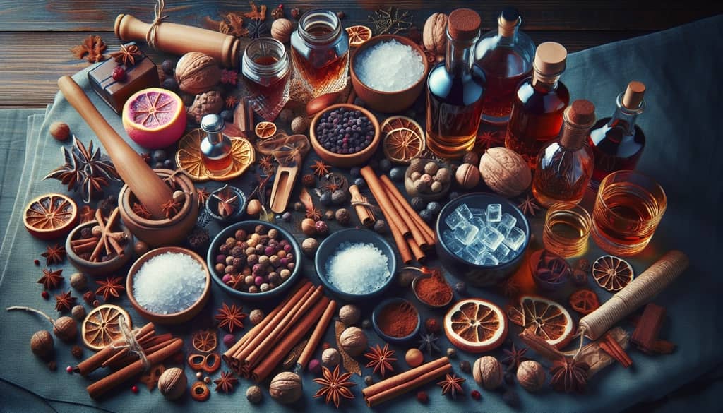An assortment of winter cocktail ingredients like cinnamon, nutmeg, and dark spirits.