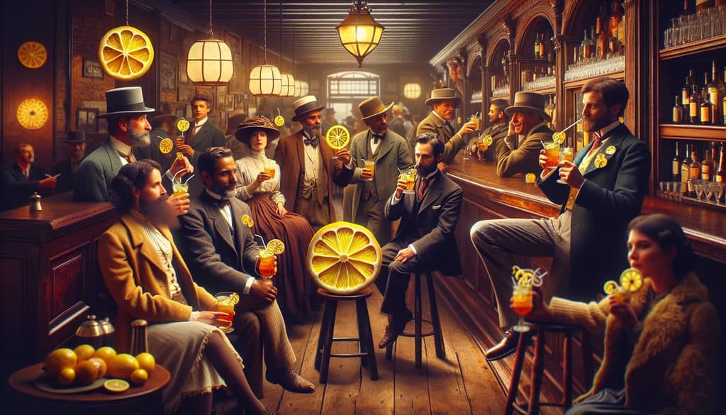 An early 1900s bar scene where patrons enjoy non-alcoholic Horse's Neck drinks with elaborate lemon peels
