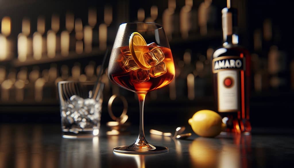 An elegant Amaro Montenegro Spritz with a lemon twist served in a wine glass