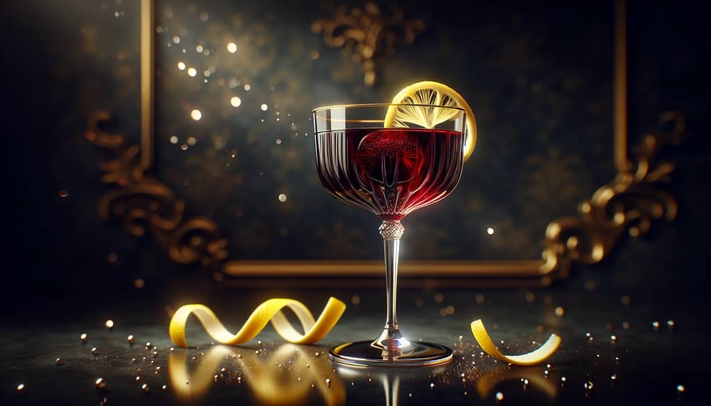 An elegant Champagne coupe filled with Chambord Royale, complete with a twist of lemon peel as garnish.