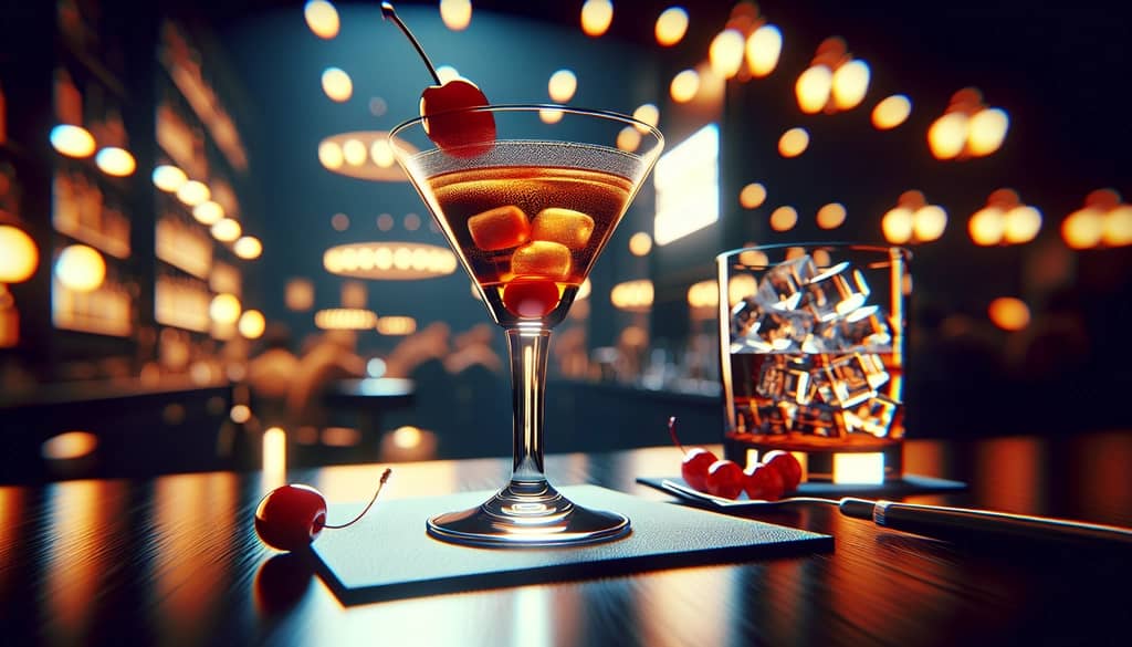 An elegant Classic Manhattan cocktail served with a maraschino cherry garnish.