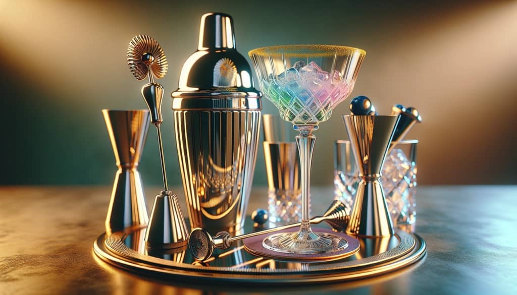 An elegant cocktail shaker set with a Division Bell Cocktail, symbolizing the mastery of mixology