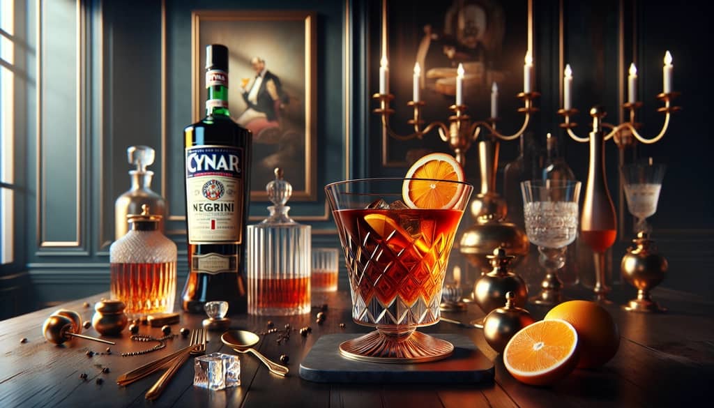 An elegant Cynar Negroni served with an orange twist, showcasing its rich amber color and intriguing balance of flavors