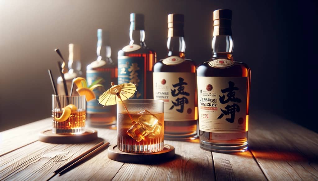 An elegant display of Japanese whiskey bottles and a freshly prepared Japanese whiskey cocktail