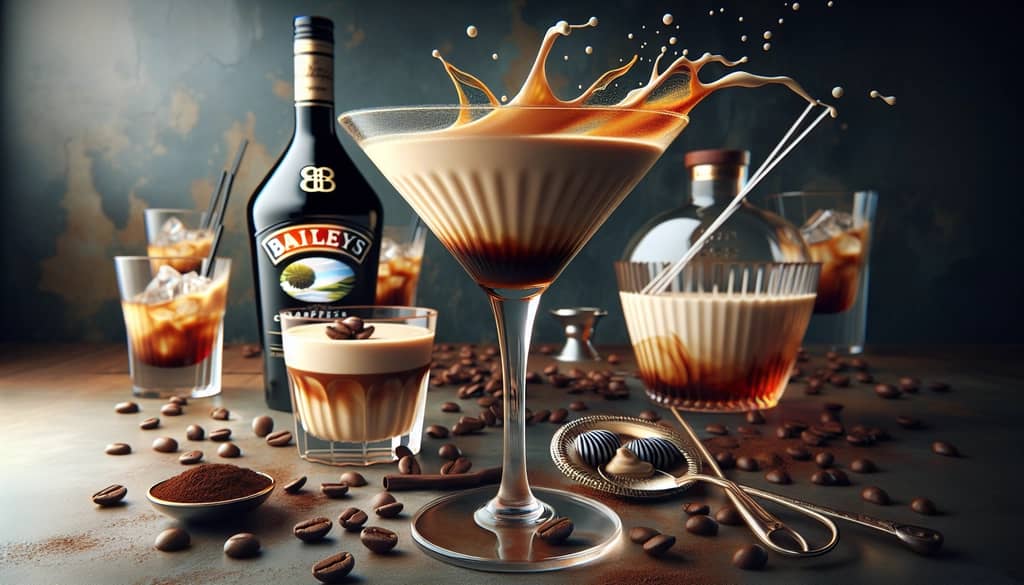 An elegant Espresso Martini made with Baileys, depicting its creamy texture alongside espresso and vodka