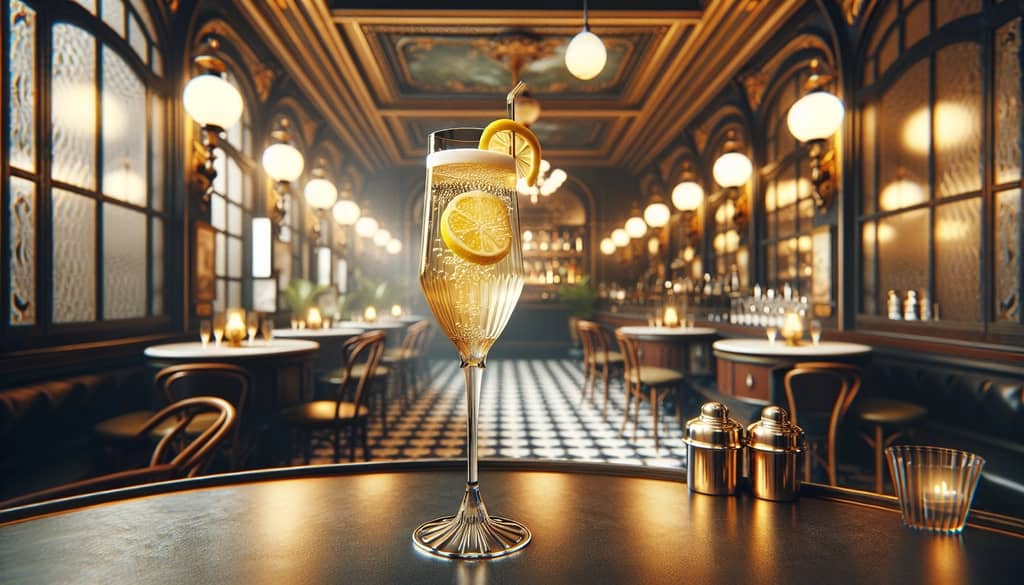 An elegant French 75 cocktail with a historical backdrop of the early 20th century