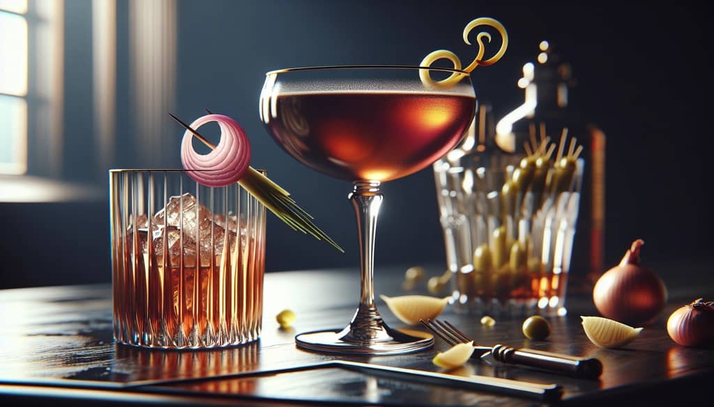 An elegant Gibson cocktail garnished with a pickled onion, capturing the essence of this iconic drink